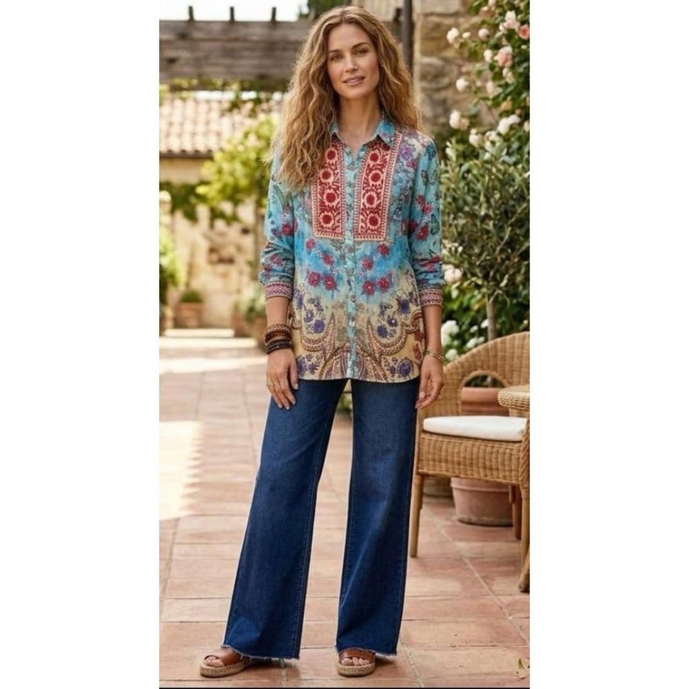 John Mark Floral Butterfly Print Button Down Long Sleeve Blouse XL